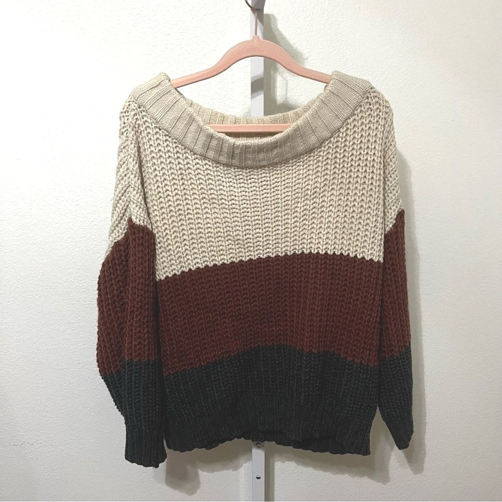 Aakaa Colorblock Chunky Knit Sweater Small Cream Brown Grey Off Shoulder Slouchy